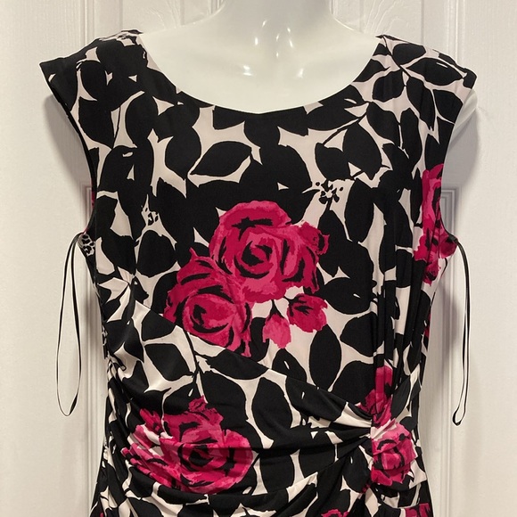 Precis Black Fuchsia White Cap Sleeve Ruched Boat Neck Midi Length Dress - Sz 10 - Picture 3 of 13